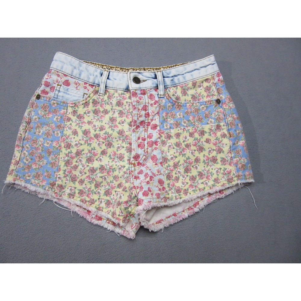 Farm Rio Shorts Women 26 Multicolor Floral Patchwork Denim Cut Offs Frayed Hem